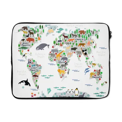 Produktbild von MuchoWow® Laptop Hülle 15 Zoll Weltkarte - Kinder - Tiere - Pflanzen Laptoptasche - Laptoptasche - Sleeve - Rundum-Schutz