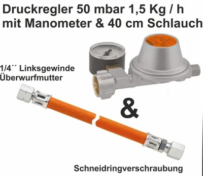 Produktbild von Druckminderer für Caravan Wohnmobil 50 mbar Manometer + Schlauch 40 cm Gasregler Baujahr 2026