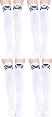 Produktbild von Krautwear Damen Strümpfe Socken Overknees Streifen Kniestrümpfe Cheerleader (4x weiss/schwarz)