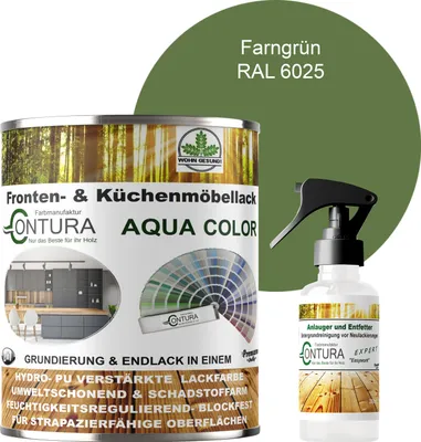 Produktbild von 750ml. + Anlauger - Contura Küchenmöbellack RAL Möbellack SEIDENMATT SET Möbelfarbe Holzlack Buntlack Küchenlack - RAL 6025 Farngrün
