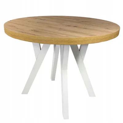 A round wooden table with white legs on a white background.