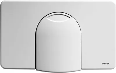 A white toilet flush plate with a curved central button.