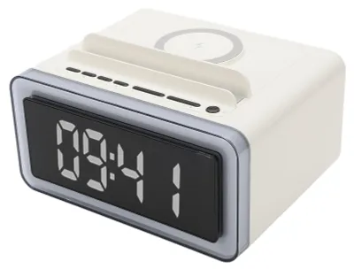Produktbild von Wecker mit kabelloser Ladefunktion, Weißrauschgenerator, Bluetooth-Lautsprecher, LED-Nachtlicht und LCD-Anzeige fürs Schlafzimmer
