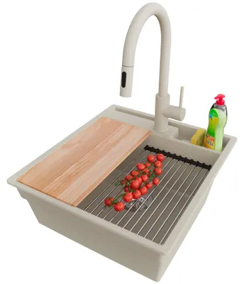 Produktbild von PRIMAGRAN Granitspüle Beige 48x53cm, Spülbecken 1 Becken + Ablauf-Set + Küchenzubehörset, Küchenspüle ab 50er Unterschrank - Oslo Pocket
