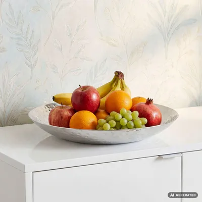 Produktbild von WOHNLING Obstschale Rund Silber Schale Metall 36cm Tischdeko Moderner Obstkorb Hammerschlag Aluminium Elegante Dekoschale Alu Früchtekorb Handmade, KI-generiertes Bild