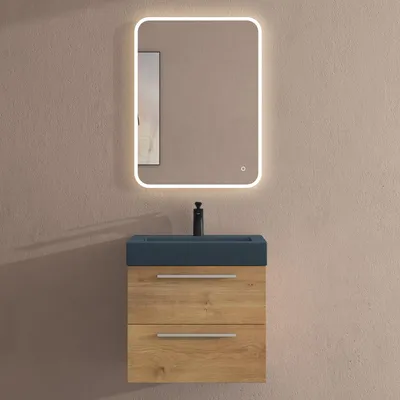 Image de doporro Meuble de Salle de Bains Marron Claire Ensemble de 3 Pièces Meuble Suspendu avec Lavabo 60 cm et Miroir LED Design Quadratto