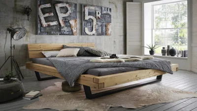 Produktbild von Monaco Balkenbett 180x200 Fichte Natur Metallkufe Bett Doppelbett Massiv Neu