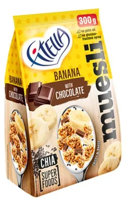 Obrázek produktu pro FITELLA Banánové müsli s kousky čokolády a chia semínky 300 g x 12 ks