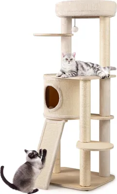 Image de Arbre à chat/tour d'escalade - Colonnes à griffer - 5 niveaux, bois, troncs en sisal, tonneau à griffer, plateformes, échelle et balle de jeu