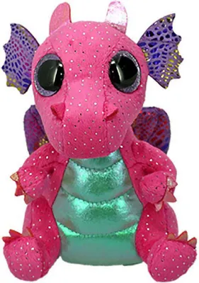 A plush toy dragon sitting down.