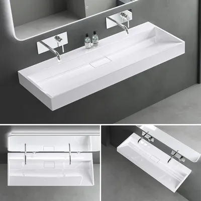 Produktbild von Mai & Mai Waschbecken Aufsatzwaschbecken matt Weiß Hänge-Waschtisch Rechteckig ohne Armaturenloch Breite: 100cm inkl. Ablaufgarnitur Col19