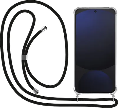 A transparent phone case with a black lanyard is shown against a white background.