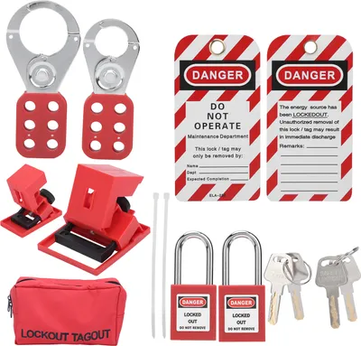 Zdjęcie produktu dla Zestaw lockout tagout, wielofunkcyjny, ze znakiem ostrzegawczym, bezpieczeństwo, czerwona kłódka, przenośny