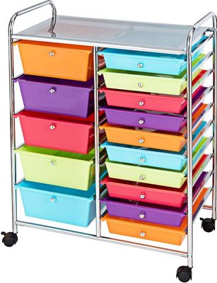 COSTWAY Vozík s 15 stohovateľnými zásuvkami, mobilný kontajner 63x37x87cm, farebný