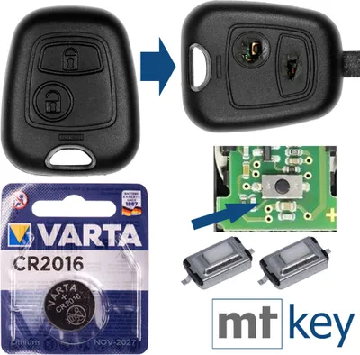 Produktbild von Repair Reparatur Satz Auto Schlüssel Austausch Gehäuse mit 2 Tasten + Drucktasten + Batterie kompatibel mit Peugeot 206