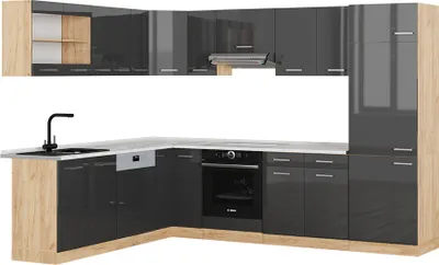 Produktbild von Eckküche Vicco R-Line Anthrazit Hochglanz/Goldkraft Eiche 287 x 60 cm , AP Marmor, Model 42986