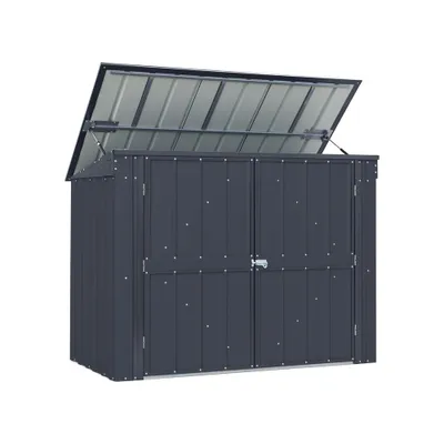 A dark gray outdoor storage shed with its lid open, shown against a white background.