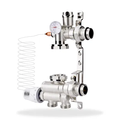 Produktbild von Festwertregelset für Fußbodenheizung max 110°C/ 16 bar– Mischventil, Thermostatventil (20-60°C) Temperaturanzeige, Entlüftungsventil, G1 Anschlüsse