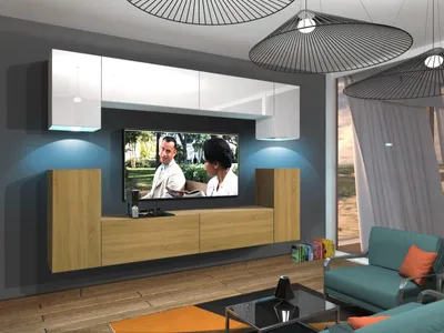 Image de Furnitech Meuble-paroi salon | Meubles de salon avec LED bleu | Suspendu Meuble-paroi moderne | Meuble-paroi salon avec étagères et meuble TV (Rodos AN43-17WD-HGM52 1A)