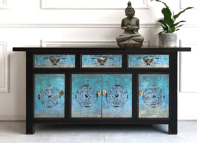 Produktbild von Chinesisches Sideboard asiatische Kommode Schrank orientalisch Möbel Büffet Anrichte Lowboard Vintage Shabby Chic Landhaus Stil türkis-schwarz