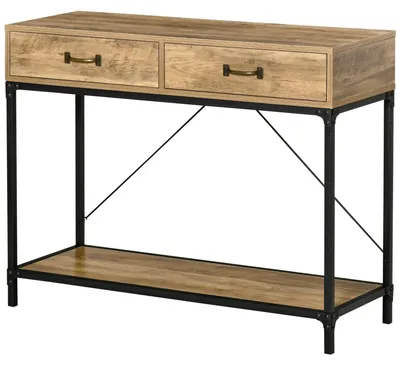 Image de 100 x 35 x 76, Table console, table d'entrée avec étagère et 2 tiroirs, table d'appoint de 5 cm, table basse, table d'exposition pour petits espaces, entrée, couloir