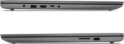 Two side views of a gray laptop, showing ports and vents.
