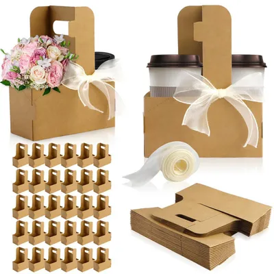 Immagine prodotto di Set regalo composto da 30 sacchetti di carta per fiori resistenti, con nastro, e 2 portabottiglie marroni
