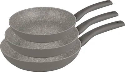 Three stacked frying pans with gray speckled interiors and black handles, presented against a white background.