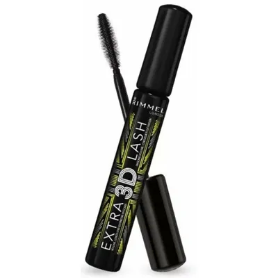 A Rimmel Extra 3D Lash mascara tube and its cap are shown against a white background.