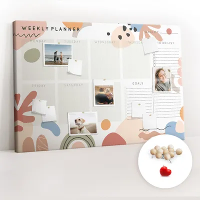 Imagen del producto de Pizarra de corcho con chinchetas - Tablero con chinchetas para fotografías y notas - 120x80 cm - 100 chinchetas de madera - Planificador semanal