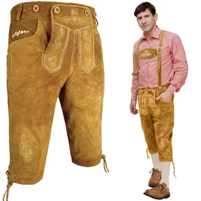 Produktbild von HOFGLANZ® Trachten Lederhose Herren Lang [HELLBRAUN / Gr. 52] - Kniebund inkl. Hosenträgern - Hochwertige Trachtenhose Herren - Tracht Oktoberfest