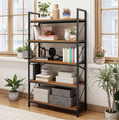 Produktbild von BALCONERA Rustikal Braunes Industrielles Bücherregal 5 Ebenen - Holz mit Metallrahmen, Großes Freistehendes Präsentationsregal für Wohnzimmer & Heimbüro