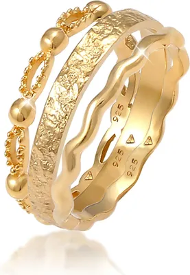 Produktbild von Damen Ring Set 925 Sterling Silber Goldoptik Wellen Kugel Hammerschlag-Band
