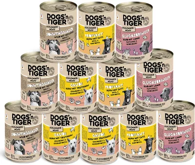 Produktbild von Dogs’n Tiger Adult Hundefutter, Nassfutter, Getreidefrei, Schlemmerpaket, Wild, Huhn, Geflügel, Ente, Lamm & Rind, 12x400g