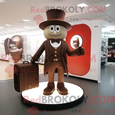 Produktbild von Maskottchenfigur REDBROKOLY eines braunen Zirkusdirektors mit Hose und Aktentasche
