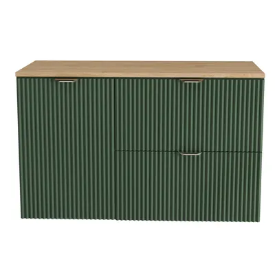 A product shot of a green cabinet with a wooden top.