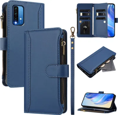 Image de Etui pour Xiaomi Redmi 9T/Redmi Note 9 4G, zippé, étui portefeuille en cuirPolyuréthaneavec pochettes pour cartes, support et dragonne bleu