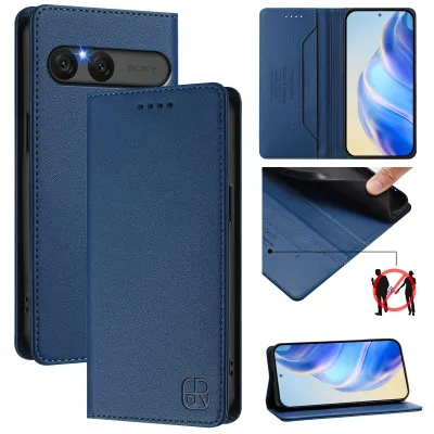 Image de Etui en cuir pour Sony Xperia 10 VII, étui à rabat avec fentes pour cartes, portefeuille et support Bleu