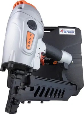 A nail gun is presented in its case, isolated on a white background.