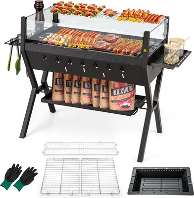 Zdjęcie produktu dla Grill węglowy COSTWAY ze stojakami na przyprawy, półką, przednią szybą i rękawicami, grill kempingowy, grill BBQ