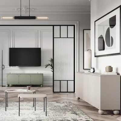 Produktbild von Wohnzimmer-Set in kaschmir und grün matt mit Sideboard, Lowboard, Beistelltische, 4-teilig - SPLIT-141