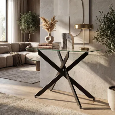 Immagine prodotto di Tavolino consolle con piano in vetro ESG e gambe in metallo, forma rettangolare, dimensioni 115 x 45 x 78 cm, colore nero