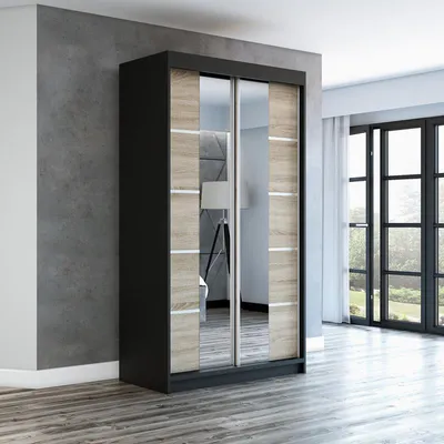 Produktbild von Schwebetürenschrank Kleiderschrank ERA 120 cm Schrank Garderobe Spiegel.Verschiedene Farben (Weiß, Schwarz, Somona). Möbel vom Hersteller!