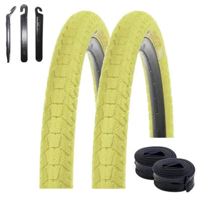 Image de 2 pneus Kenda K-907 Krackpot pour vélo BMX, 20 x 1,95 (50-406), couleur jaune, + 2 chambres à air adaptées, comprenant des démonte-pneus