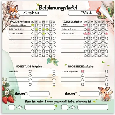 Produktbild von Belohnungstafel Kinder im Waldtiere Design – Für zwei Kinder XL 30 x 30 cm | Motivationshilfe & Struktur im Alltag | Für Jungs und Mädchen, Wochenplaner Kinder, Abreißblock 25 Blatt