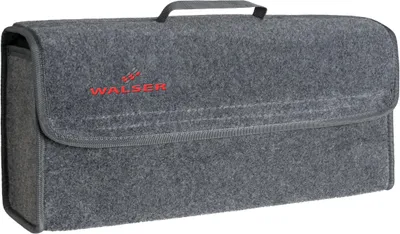 A gray fabric trunk organizer with a red logo.
