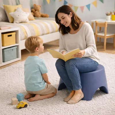 Produktbild von Kinderhocker in Blau, stabil, sicher und perfekt für Spiel und Kinderzimmer