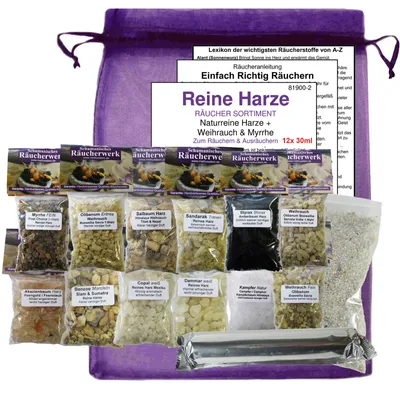 Produktbild von Räuchersortiment 12x Harze a 30ml (360ml) mit Weihrauch + Myrrhe + Copal + Styrax uvm. mit Zubehör.