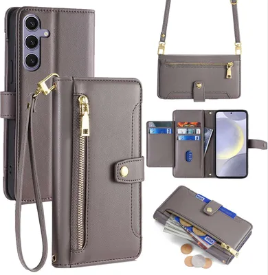 Produktbild von Handykette Samsung Hülle mit Band Handyhülle Kartenfächer Kunstleder Umhängetasche Galaxy S24+ Grau
