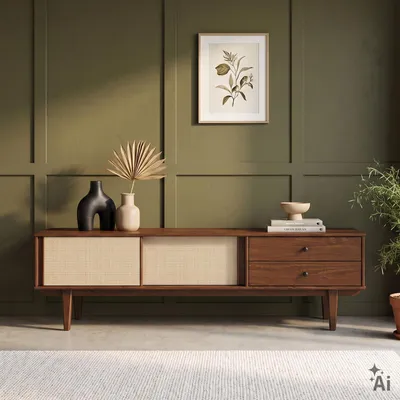 Produktbild von Lowboard SIMONA 175 cm mit Rattangeflecht aus Massivholz, Kastanie Finish – TV-Board im Mid-Century Design, Lowboard mit 2 Schubladen und Schiebetüren, Retro TV-Schrank für das Wohnzimmer